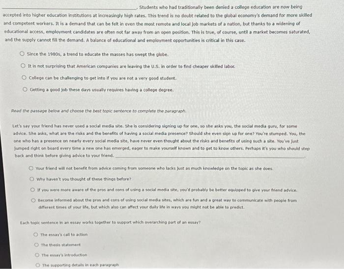 20. Pre-Test: Writing Topic Sentences Which of the | Chegg.com