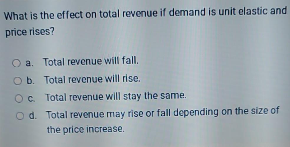 Solved What is the effect on total revenue if demand is unit | Chegg.com