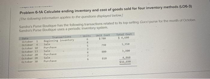 Solved Problem 6-1A Calculate Ending Inventory And Cost Of | Chegg.com