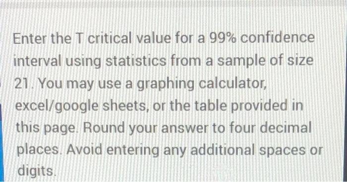 Solved Enter The T Critical Value For A 99 Confidence Chegg Com