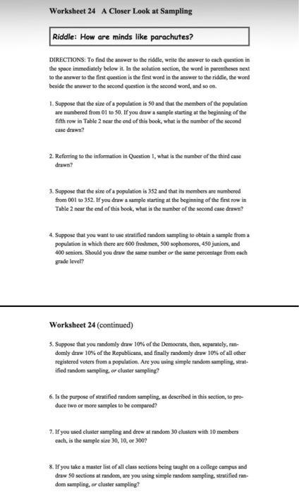 Solved Worksheet 24 A Closer Look at Sampling Riddle: How | Chegg.com