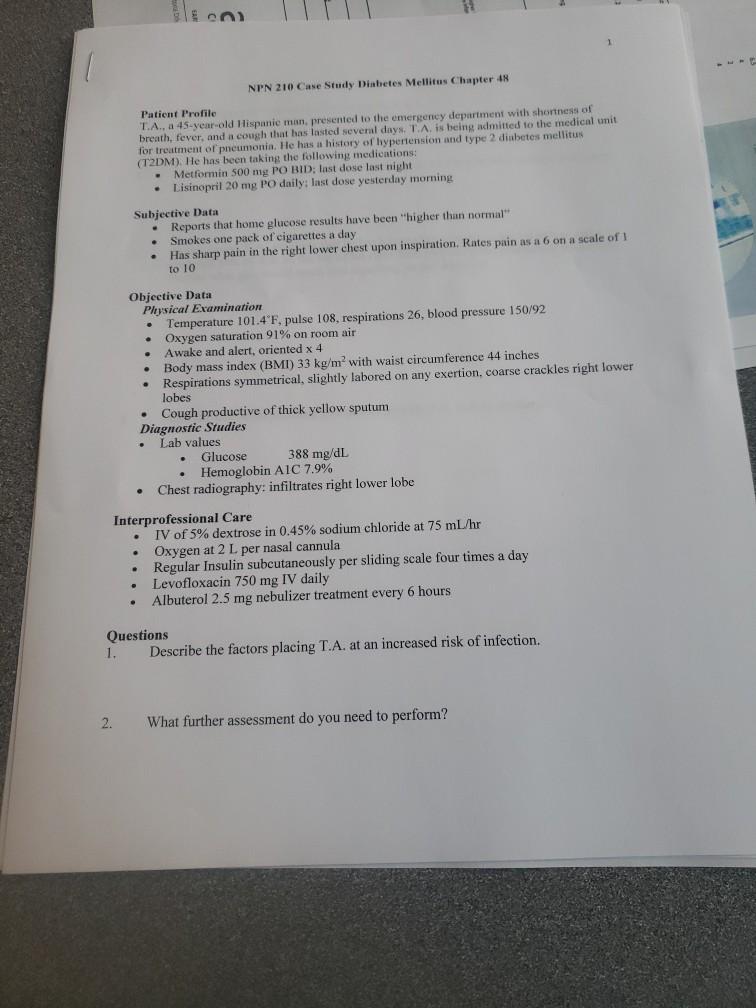 Solved NPN 210 Case Study Diabetes Mellitus Chapter 18