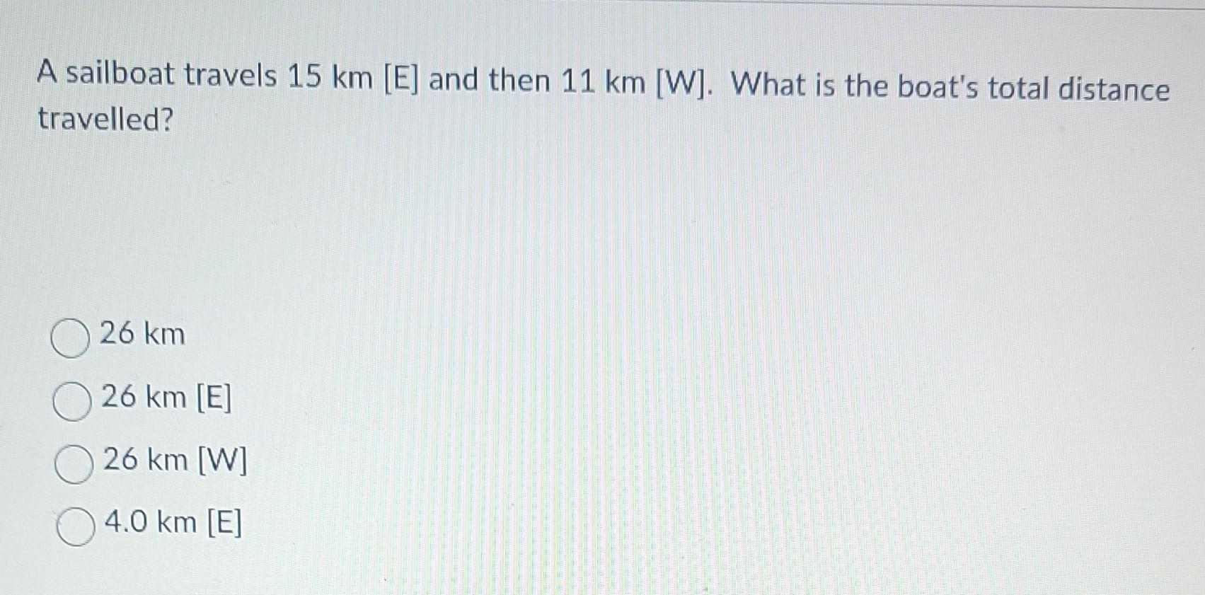 Solved A sailboat travels 15 km [E] and then 11 km [W]. What | Chegg.com