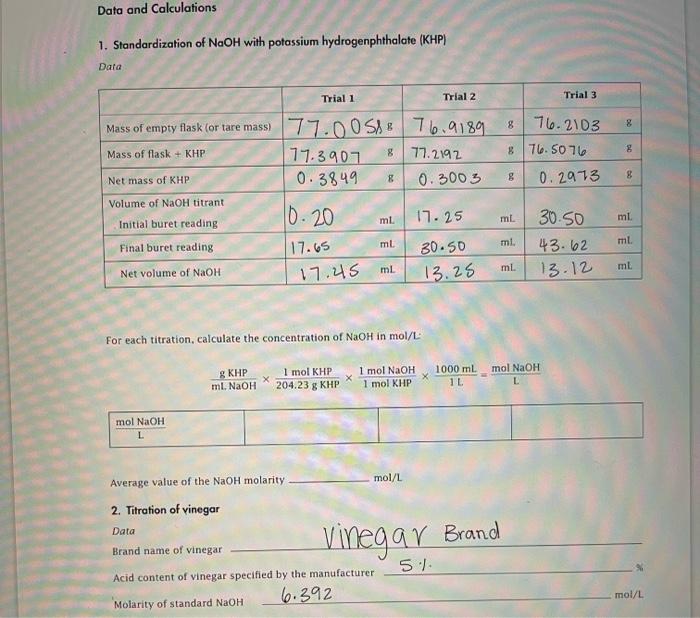 1. Standardization of NaOH with potassium | Chegg.com
