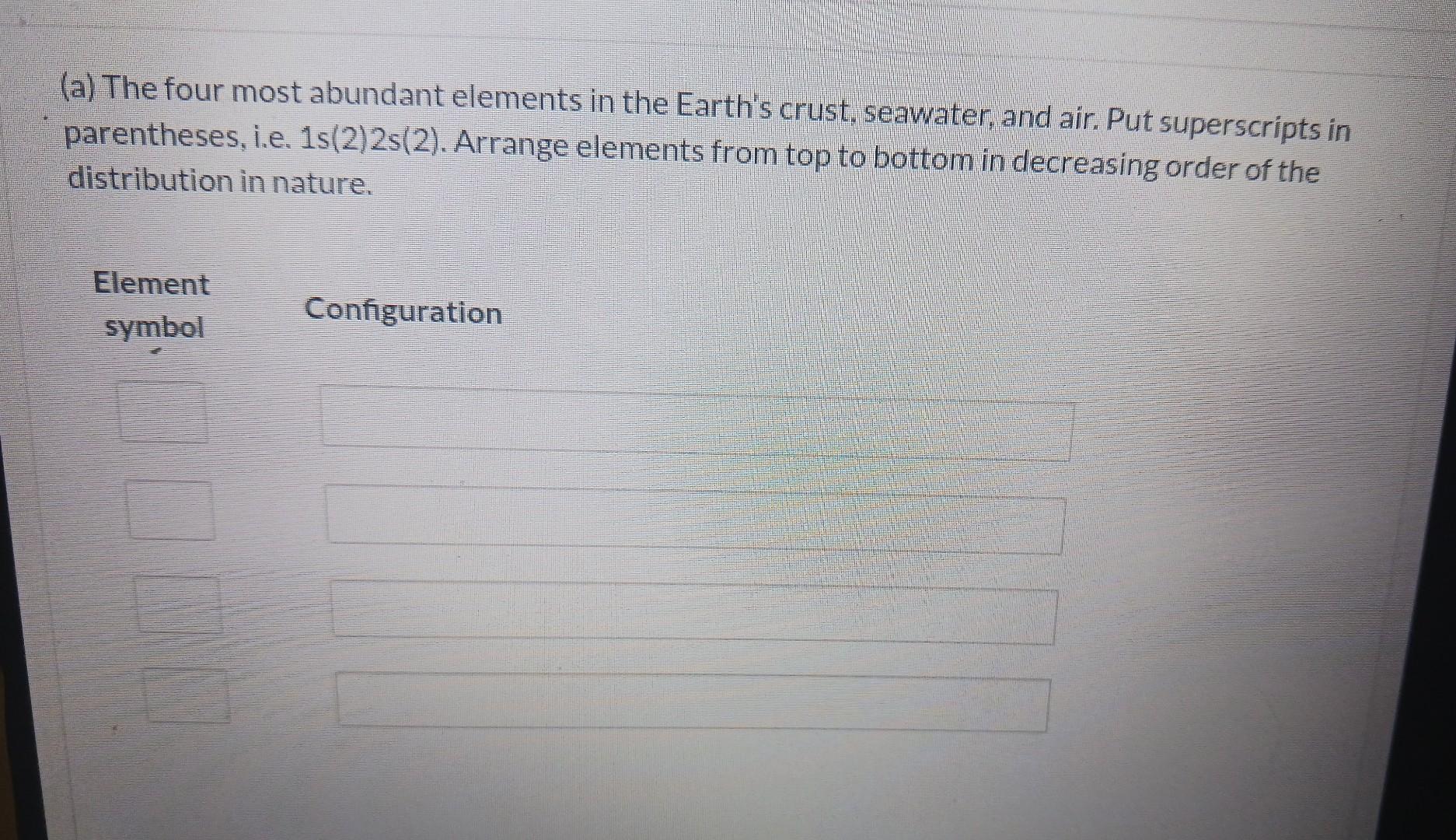 Solved (a) The four most abundant elements in the Earth's | Chegg.com