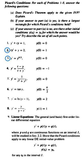 Solved please help with Picard's Condition section problems | Chegg.com