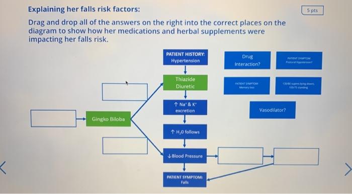 5 pts Explaining her falls risk factors: Drag and drop all of the answers on the right into the correct places on the diagram