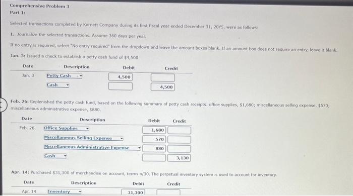 Solved Comprehensive Problem 3 Part 1: Selected transactions | Chegg.com