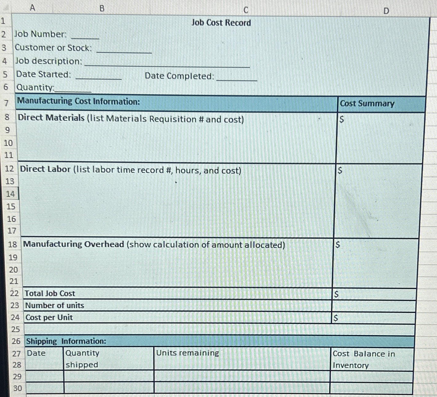 Solved ABCD1Job Cost RecordJob Number:Customer or Stock:Job | Chegg.com