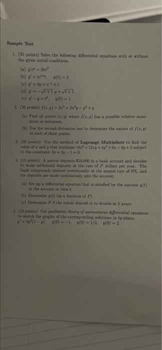 Solved Sample Test 1. (35 points) Solve the following | Chegg.com