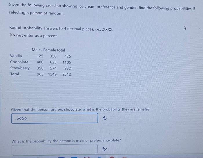 Solved Given the following crosstab showing ice cream | Chegg.com