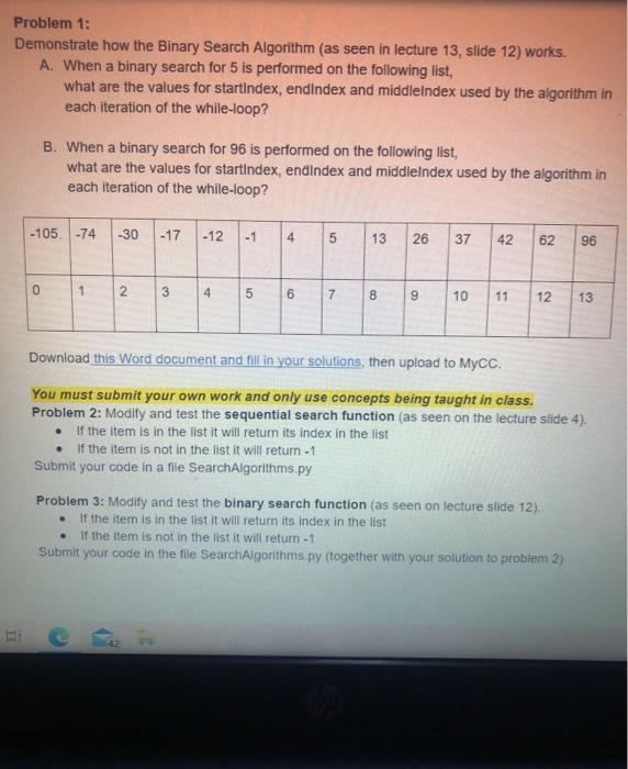 Solved Problem 1: Demonstrate How The Binary Search | Chegg.com