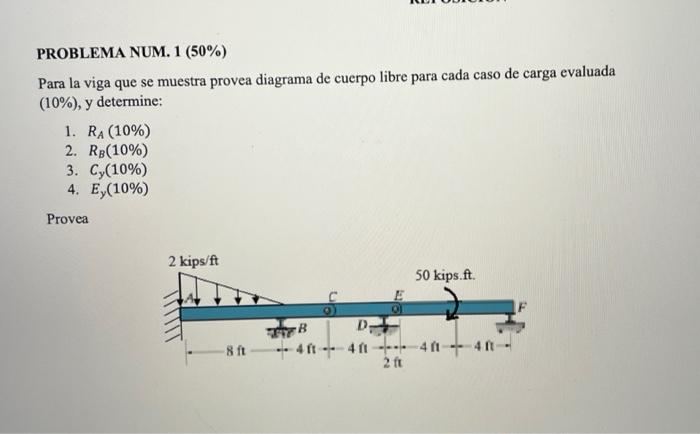 PROBLEMA NUM. \( 1(50 \%) \) Para la viga que se muestra provea diagrama de cuerpo libre para cada caso de carga evaluada \(