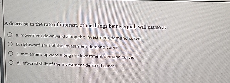 Solved A decrease in the rate of interest, other things | Chegg.com