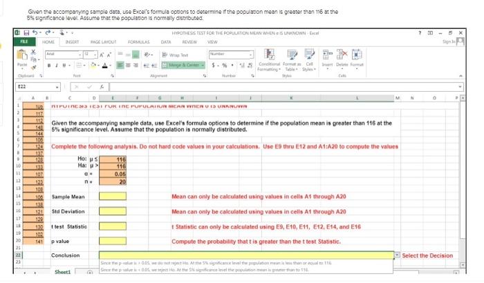 Given the accompanying sample data, use Excel's | Chegg.com