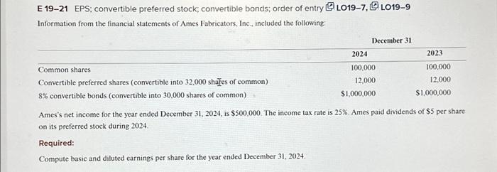 Solved E 19-21 EPS; convertible preferred stock; convertible | Chegg.com