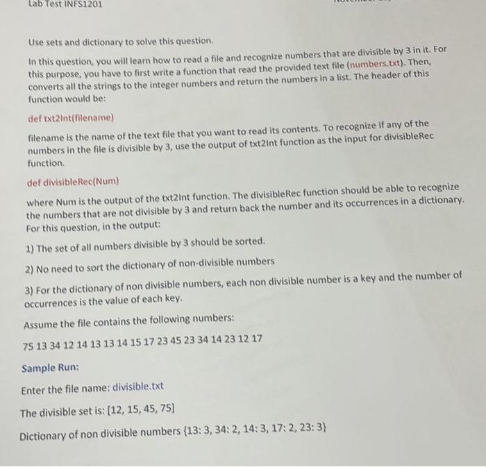 Lab Test INFS1201 Use sets and dictionary to solve | Chegg.com