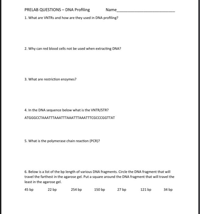 Solved PRELAB QUESTIONS - DNA Profiling Name_ 1. What are | Chegg.com