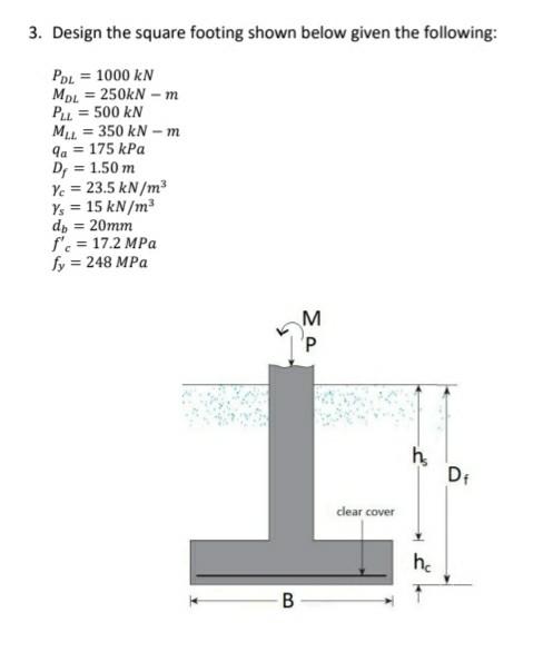 Solved 3. Design the square footing shown below given the | Chegg.com