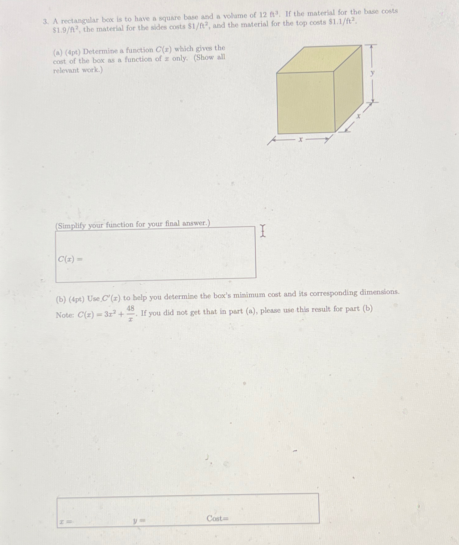 Solved A rectangular box is to have a square base and a | Chegg.com