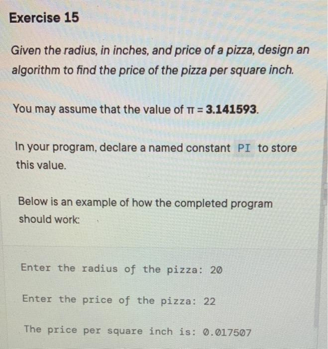 Solved Exercise 15 Given the radius, in inches, and price of | Chegg.com