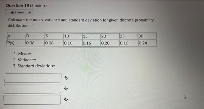 mean variance and standard deviation of a discrete probability distribution example