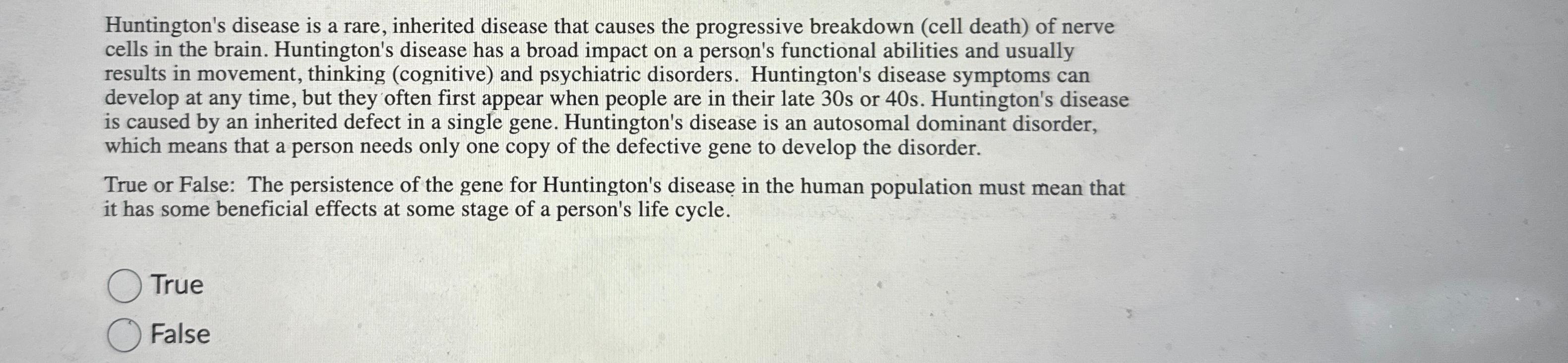 Solved Huntington's disease is a rare, inherited disease | Chegg.com