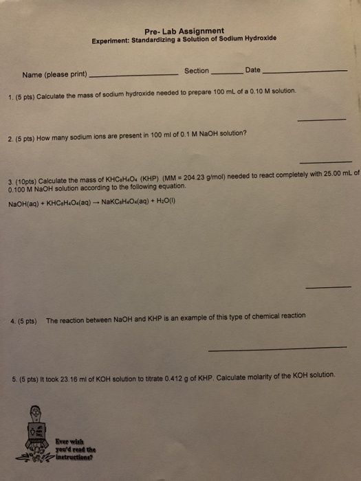 Solved Pre Lab Assignment Experiment Standardizing A Chegg Com