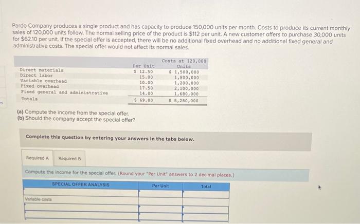 Solved Pardo Company Produces A Single Product And Has | Chegg.com