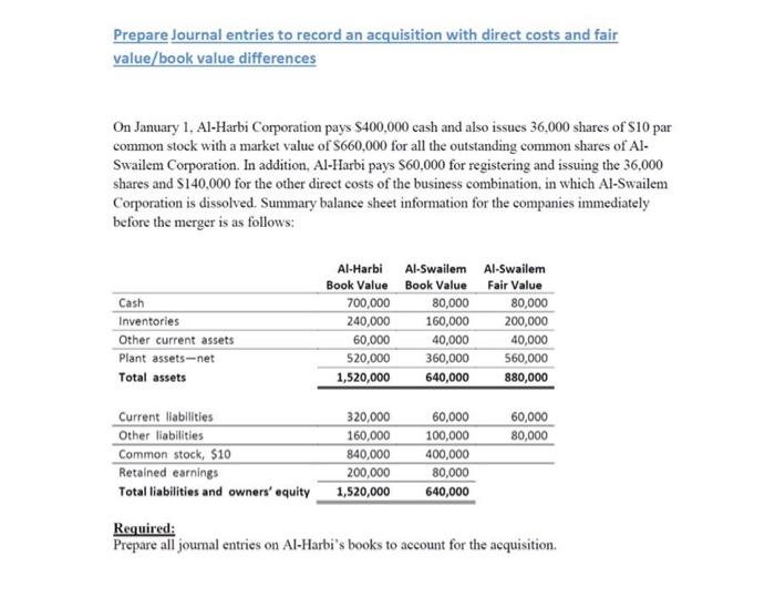 Solved Prepare Journal entries to record an acquisition with