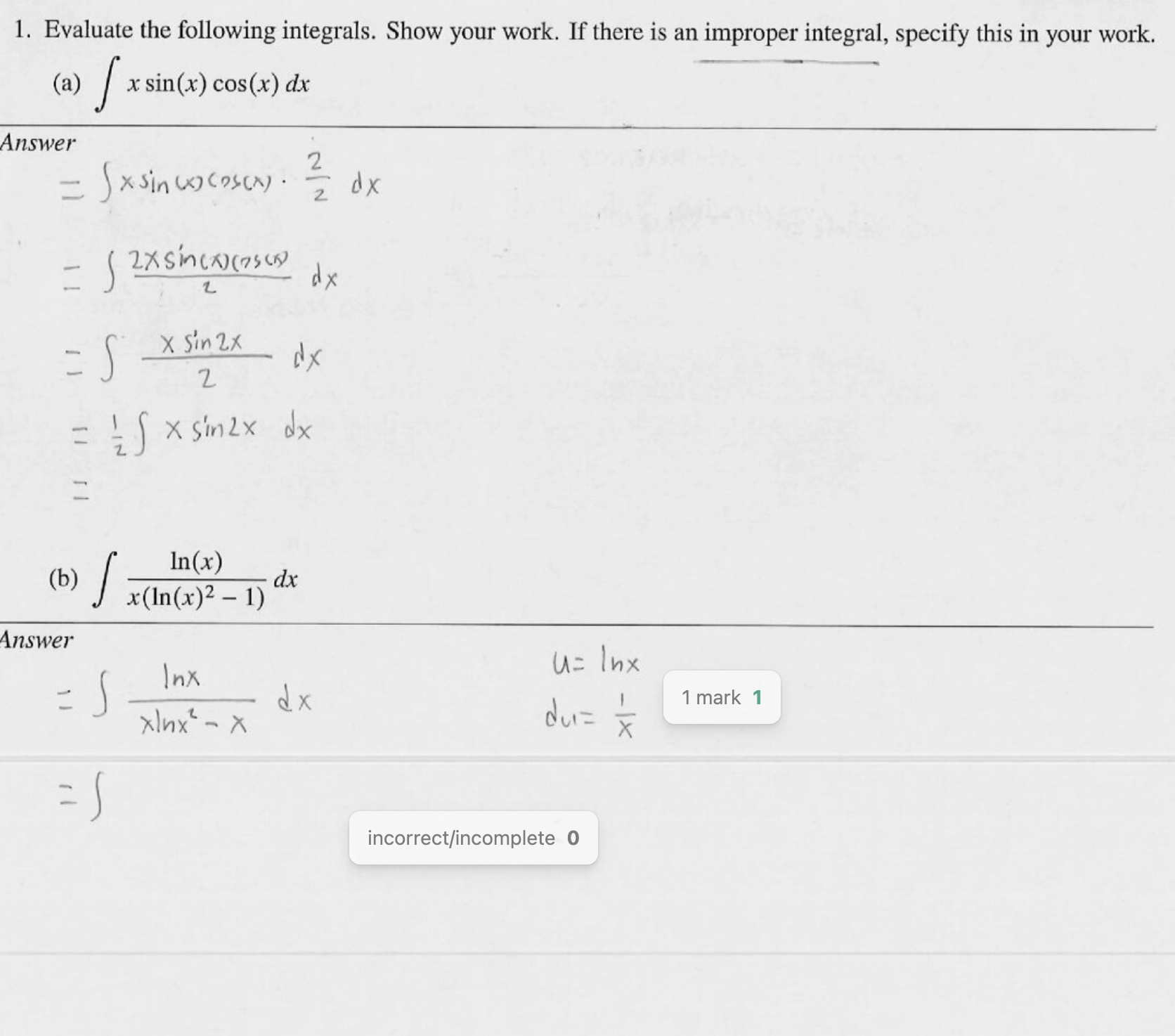 Solved Evaluate the following integrals. Show your work. If | Chegg.com