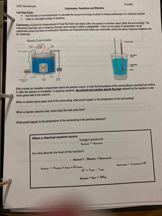 Solved 1045 Worksheets FIUBBC Calorimetry Reactions and