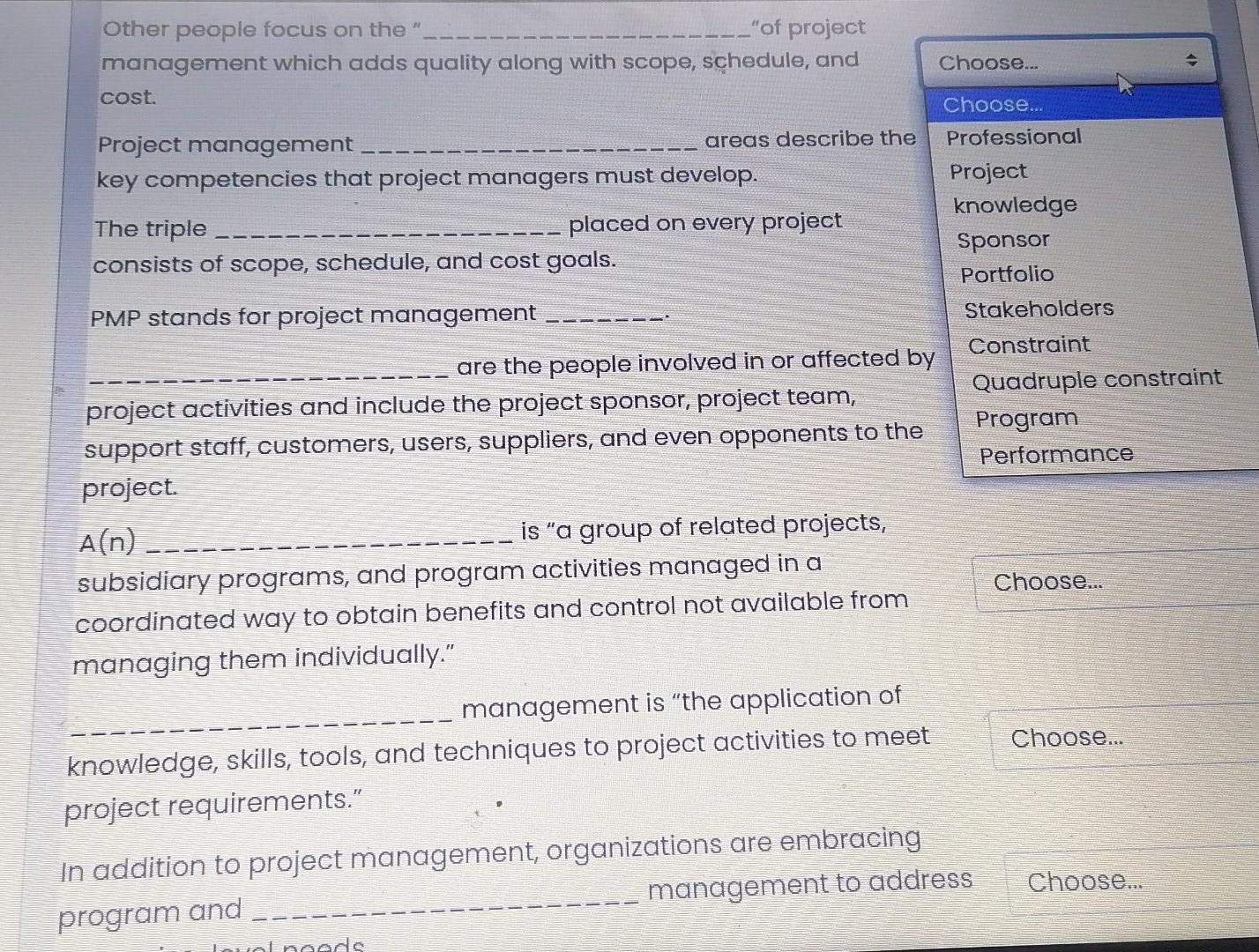 Solved Other people focus on the ". _"of project management | Chegg.com