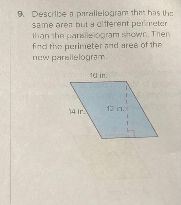 Solved 9. Describe a parallelogram that has the same area | Chegg.com