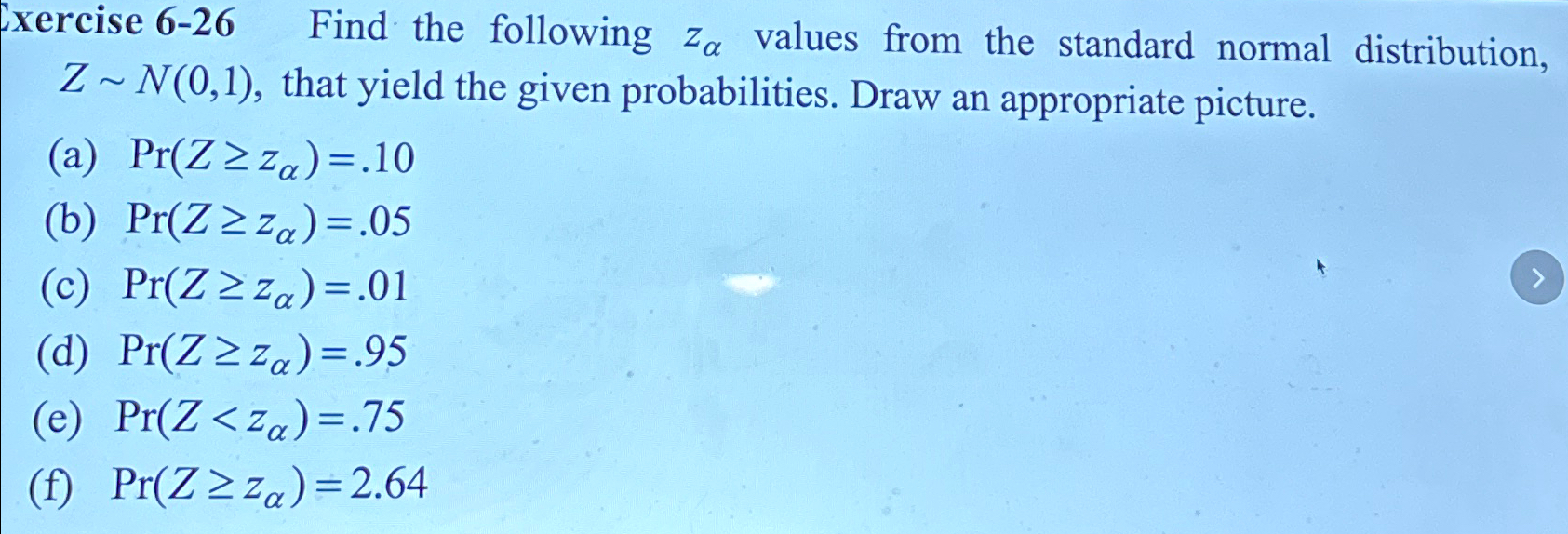 Solved Xxercise 6-26 ﻿Find the following zα ﻿values from the | Chegg.com