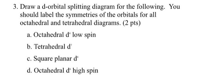 Solved 3. Draw a d-orbital splitting diagram for the | Chegg.com