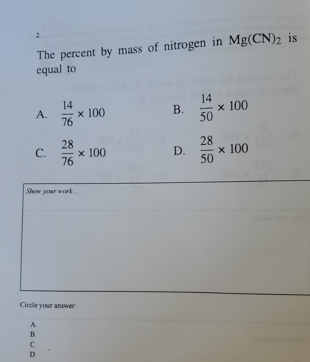 Solved 2. The percent by mass of nitrogen in Mg(CN)2 is