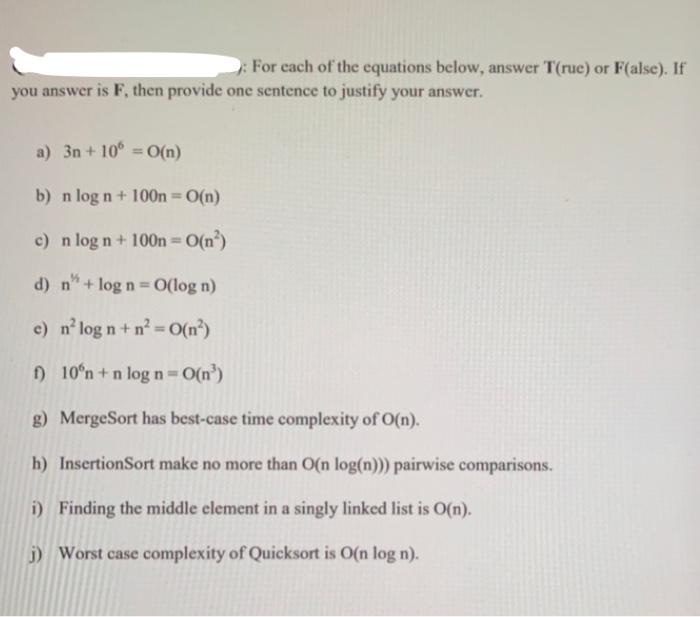 For Each Of The Equations Below Answer T Rue Or Chegg Com
