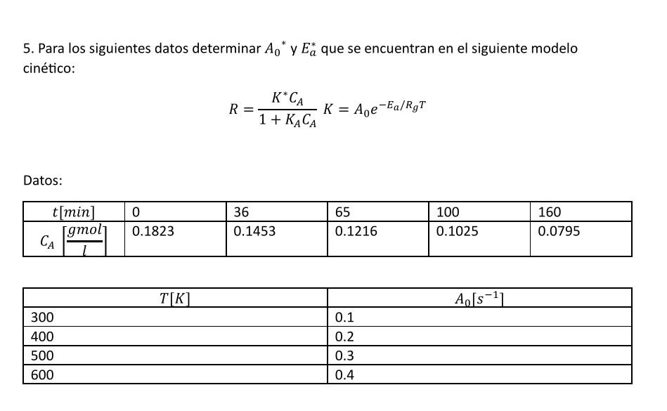 Para Los Siguientes Datos Determinar A0 ﻿y Ea