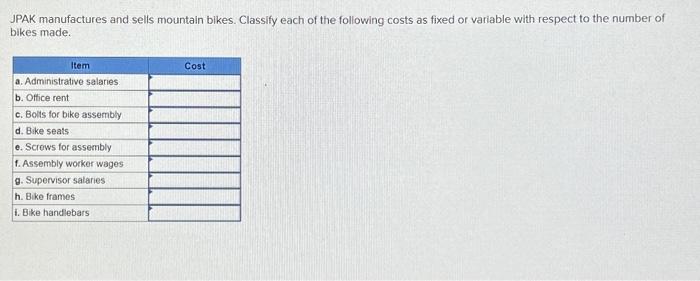 Solved JPAK Manufactures And Sells Mountain Blkes. Classify | Chegg.com