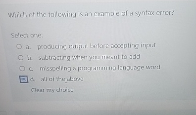 Solved Which of the following is an example of a syntax | Chegg.com