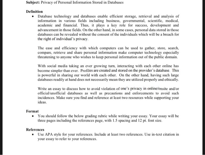 Solved Subject Privacy Of Personal Information Stored In Chegg Com