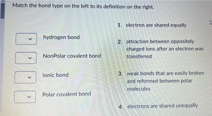 Solved Match the bond type on the left to its definition on | Chegg.com