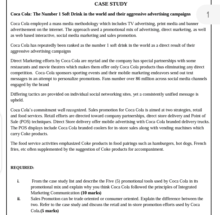 Solved CASE STUDY Coca Cola The Number 1 Soft Drink in the