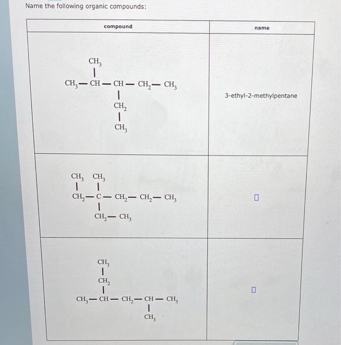 Solved Name The Following Organic Compounds Compound Name 1835