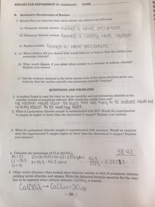 Experiment 10 Position Of Potassium Chlorate Chegg 