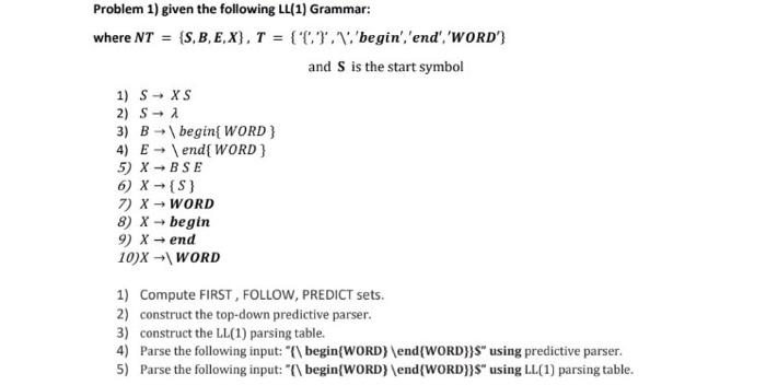 Problem 1) given the following LL(1) Grammar: where | Chegg.com