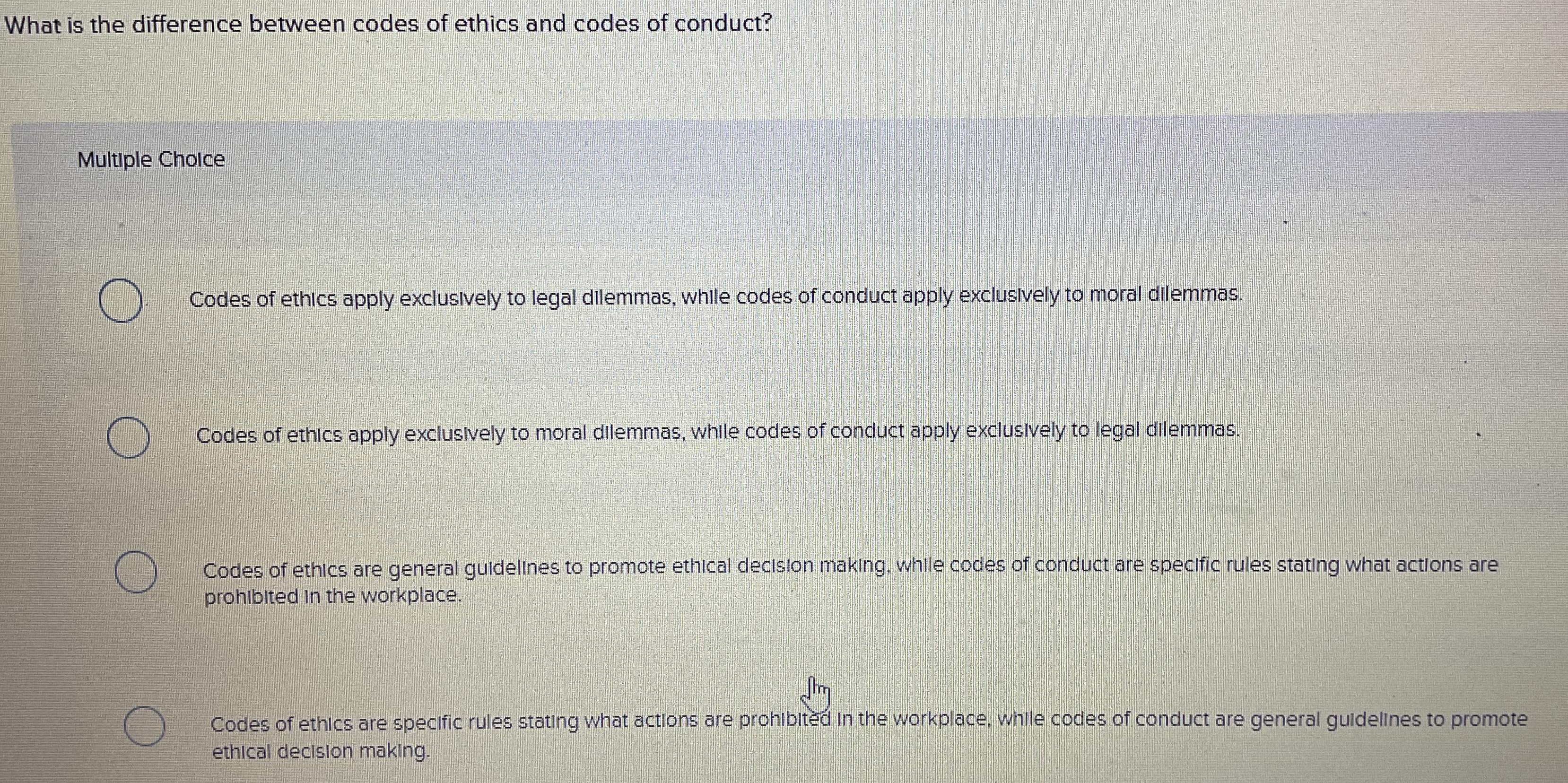 Solved What is the difference between codes of ethics and | Chegg.com
