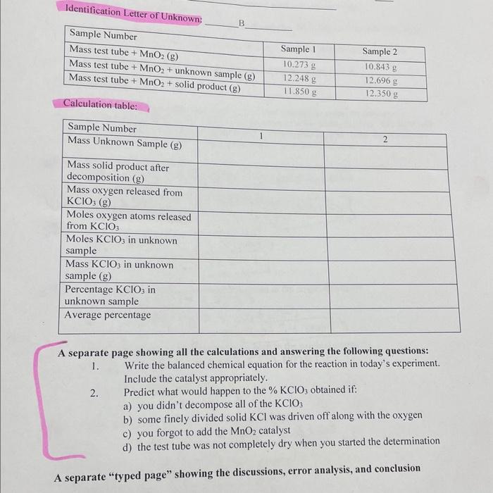 A separate page showing all the calculations and answering the following questions:
1. Write the balanced chemical equation f