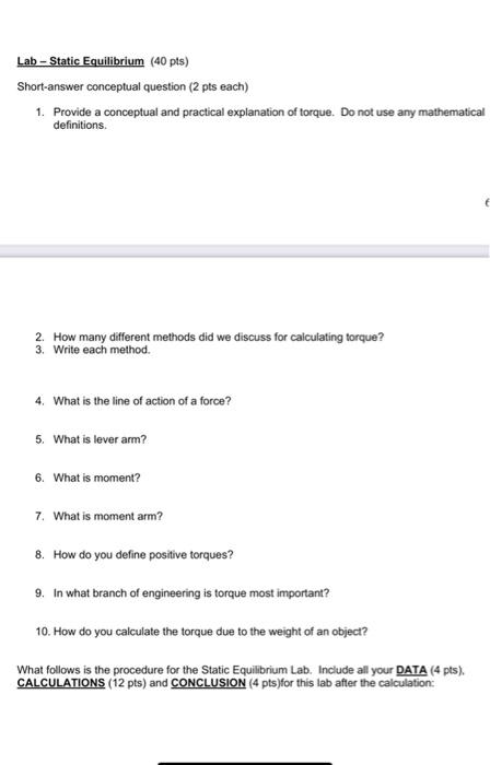 Solved Lab-Static Equilibrium (40 pts) Short-answer | Chegg.com